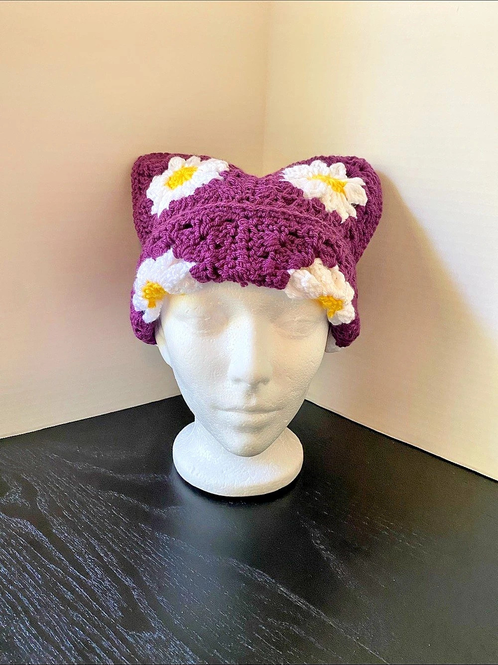 Crocheted Granny Square Daisy Cat-Ear Beanie